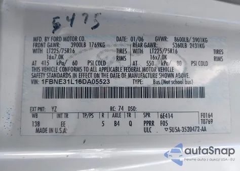 2006 Ford E-350 Super Duty Chateau/Xl/Xlt from USA, damaged, VIN 1FBNE31L16DA05523